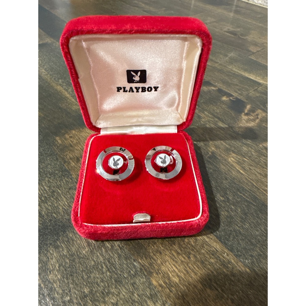 Playboy Vintage 60s Silver Tone Bunny Logo Cufflinks w/ Original Red Velvet Box